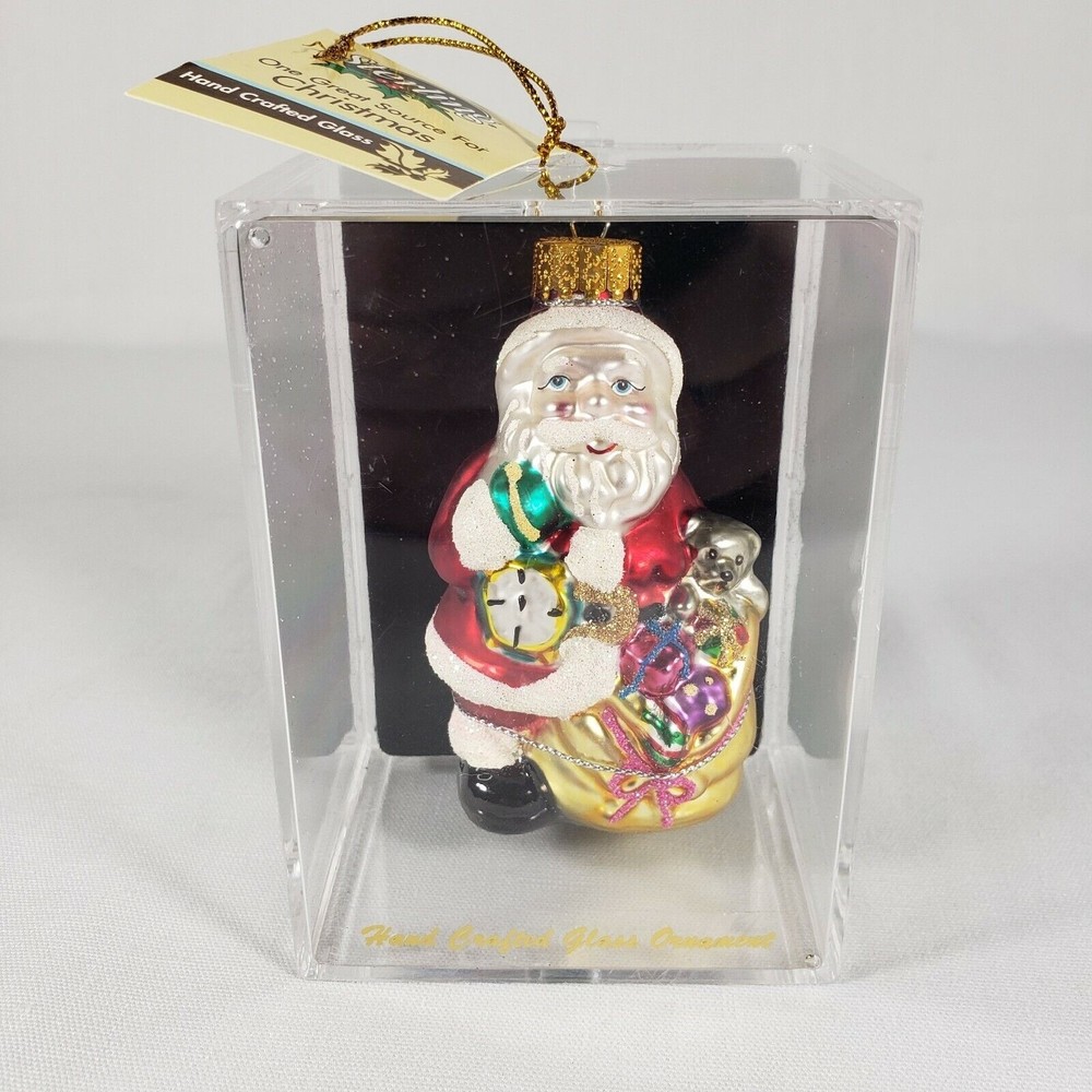 Sterling Designers Studio Hand Crafted Glass Christmas Ornament Santa w/ Toy Bag